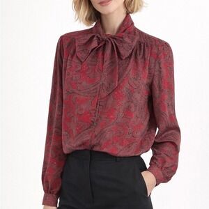 VTG Womens's 70s Paisley Blouse Medium Red Tie Neck Secretary Careerwear Chic